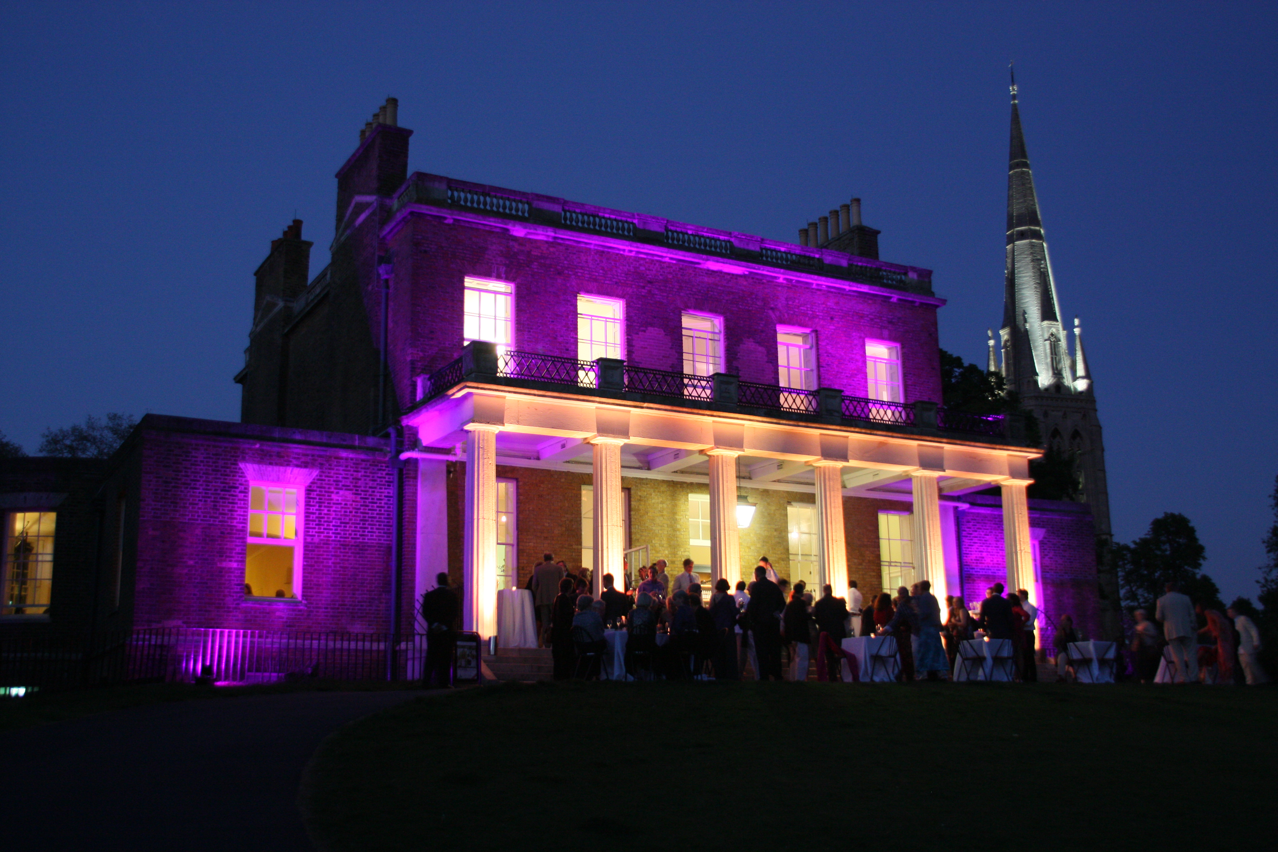 Wireless battery powered uplighters being used at a Georgian Stately Home - outdoor lighting